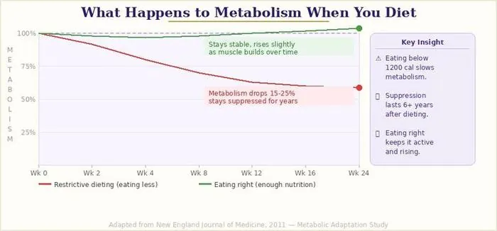 Graph showing how metabolism drops with restrictive dieting vs stays stable with eating right