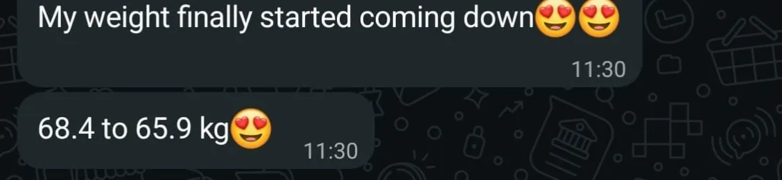 WhatsApp check-in from a client reporting her weight coming down from 68.4 kg to 65.9 kg
