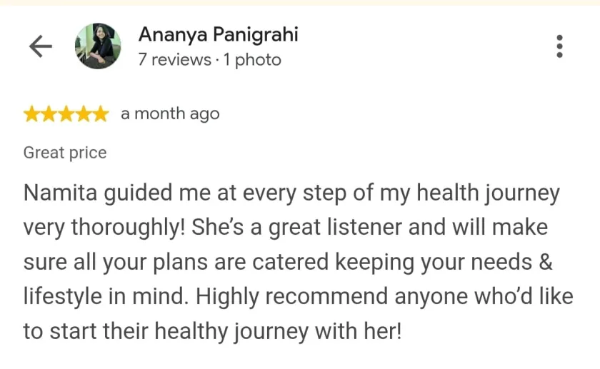 Five-star Google review from Ananya Panigrahi in the USA about nutrition plans built around her lifestyle