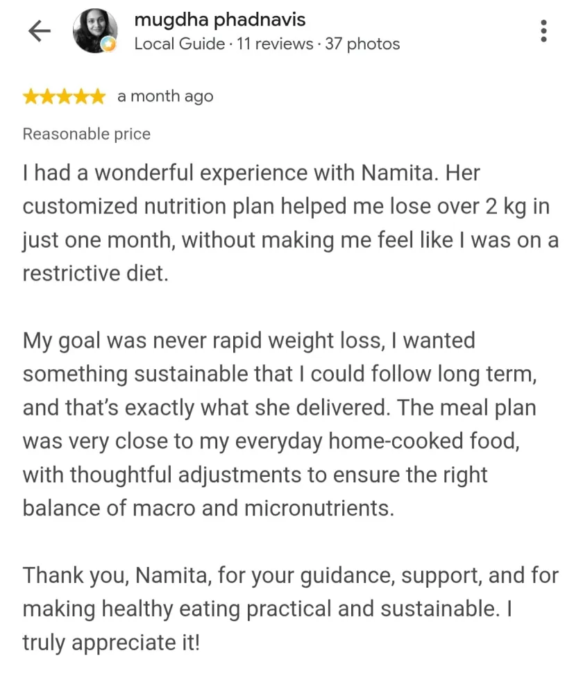 Five-star Google review from mugdha phadnavis in Jaipur about a sustainable home-cooked meal plan