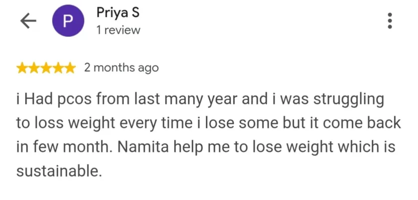 Five-star Google review from Priya S in Mumbai about sustainable PCOS weight loss with Namita