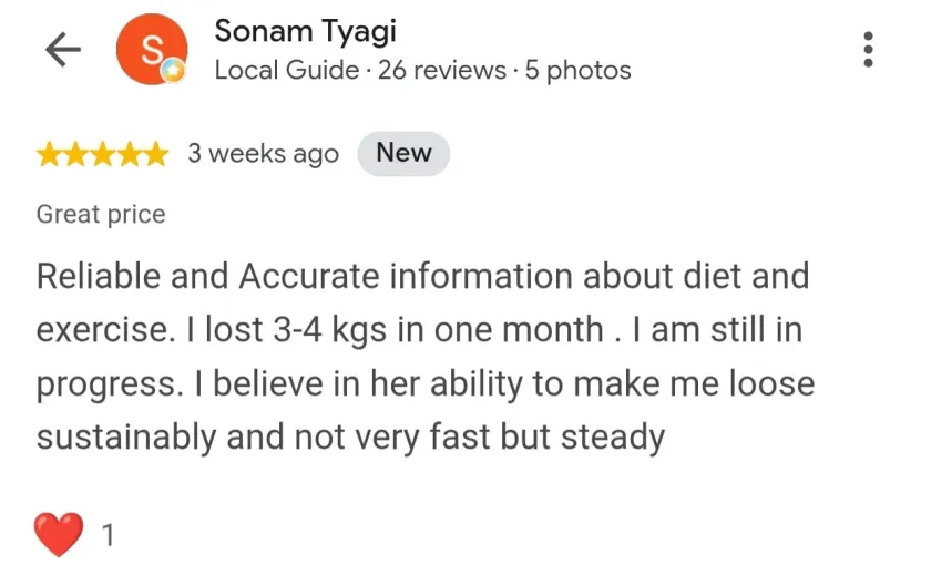 Five-star Google review from Sonam Tyagi in Faridabad about steady and sustainable weight loss