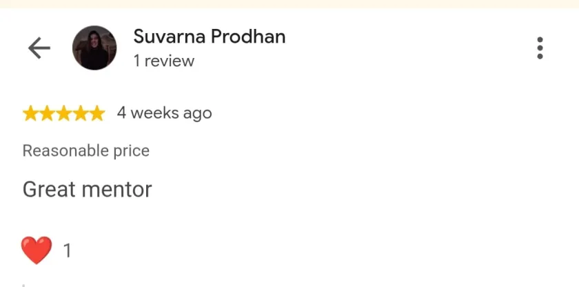 Five-star Google review from Suvarna Prodhan in Nagpur calling Namita a great mentor