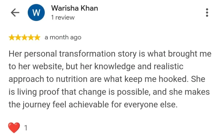 Five-star Google review from Warisha Khan in Bhopal about Namita's realistic approach to nutrition